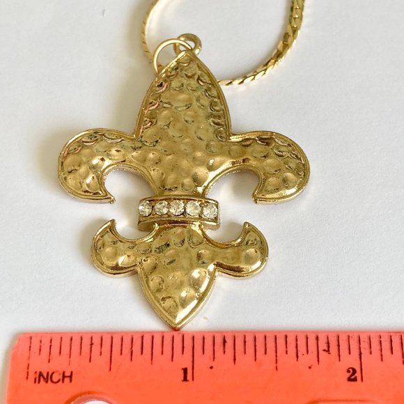 Vintage Fleur de Lis Pendant Necklace Gold Plated 24" BIG Statement Mardi Gras - Picture 10 of 12